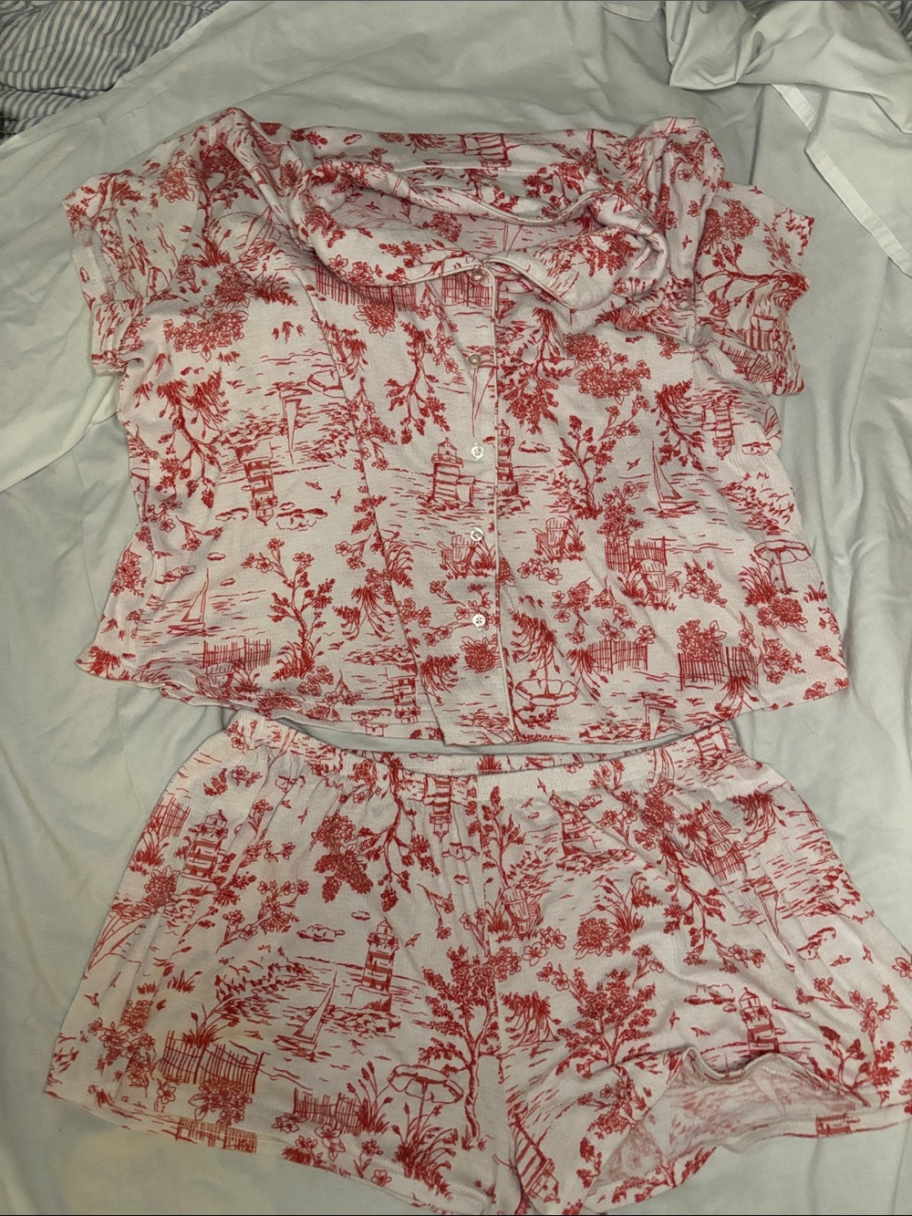 Laura Ashley Women’s L Coastal Toile Pajama Set Red White Lighthouse Sailboat